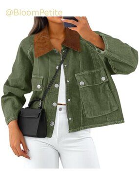 Womens Cropped Denim Jacket Corduroy Collar Button Down Zip Loose Fit
